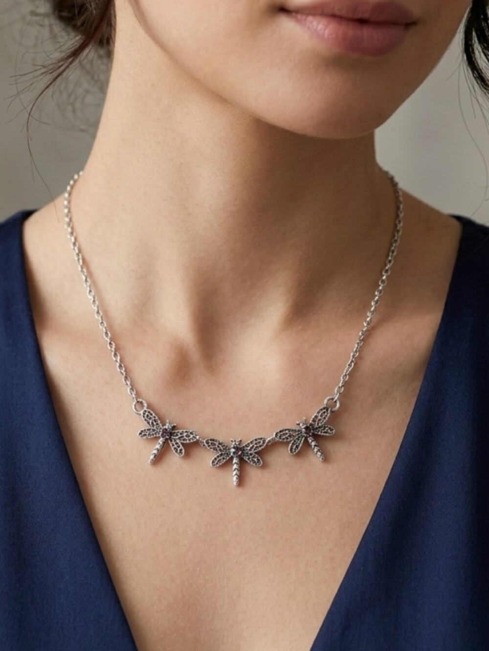 N4169 Silvertone Triple Dragonfly Necklace with Purple Crystal Accents
